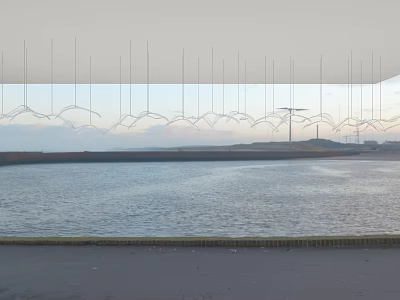 Curved Hanging Ornament Decoration Set By Waterfront With Calm Water And Windmill Sky 3d model