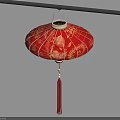 Red Chinese Lantern with Golden Floral Patterns Hanging from Black Pole with Red Tassel
