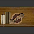 Vintage Wooden Table With Balance Scale And Scrolls As Household Items