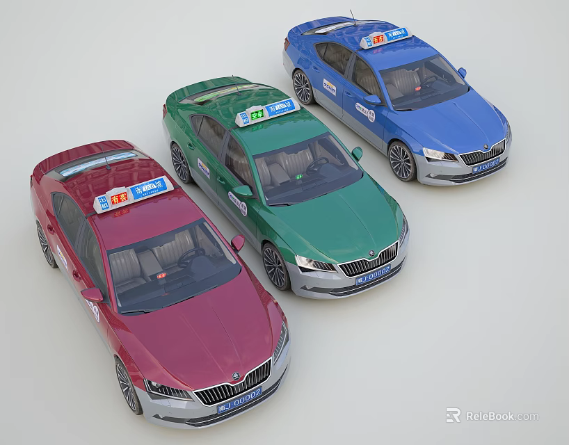 Colorful Taxi Cars with Roof Signs in Red Green and Blue 3d model 