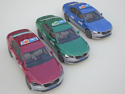 Colorful Taxi Cars with Roof Signs in Red Green and Blue 3d model