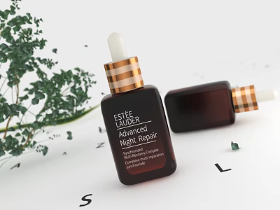 Elegant Advanced Night Repair Serum In Brown Glass Bottle With Dropper And Green Plants 3d model