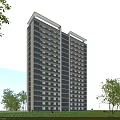 Modern High Rise Residential Building with Glass Exterior Surrounded by Green Trees and Lawns
