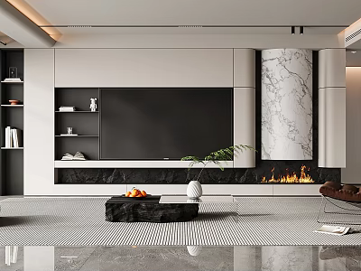 Modern Living Room Interior With TV Wall Marble Column Fireplace Coffee Table And Green Plant 3d model