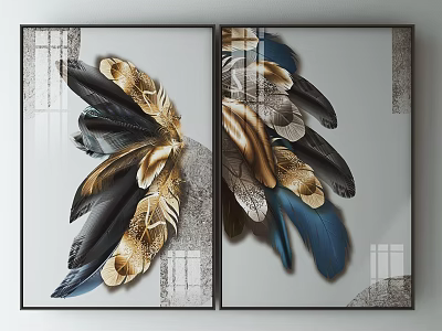 Modern Luxury Decorative Paintings Featuring Feather Designs In Two Panel Wall Art 3d model