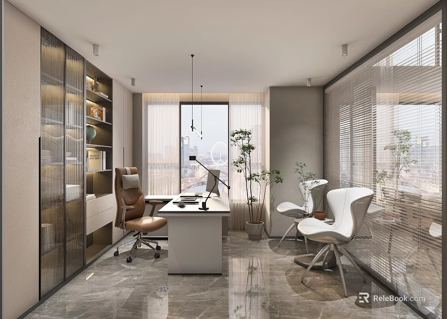 Modern Office Interior With Spacious Desk White Chairs Bookshelf Plants Glass Partition And Marble Floor 3d model 