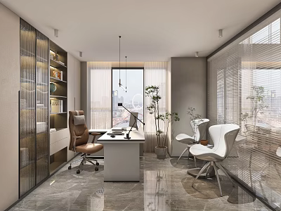 Modern Office Interior With Spacious Desk White Chairs Bookshelf Plants Glass Partition And Marble Floor 3d model