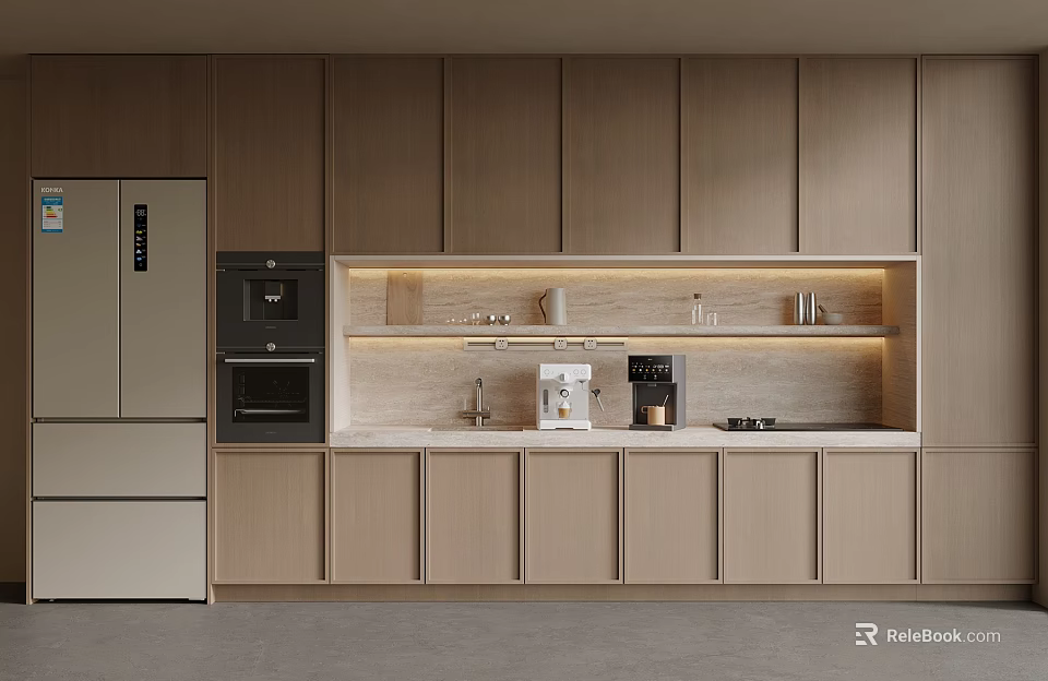 Modern Kitchen Interior With Light Wood Cabinets Built In Appliances And Countertop 3d model 