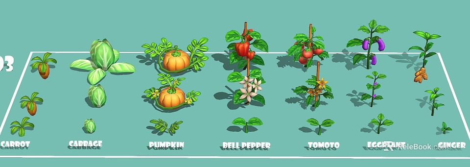 Growing Pumpkin Bell Pepper and Tomato Plants With Lush Leaves and Flowers 3d model 