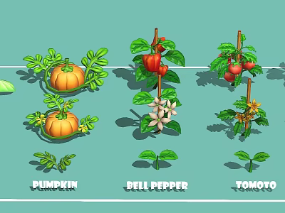 Growing Pumpkin Bell Pepper and Tomato Plants With Lush Leaves and Flowers 3d model