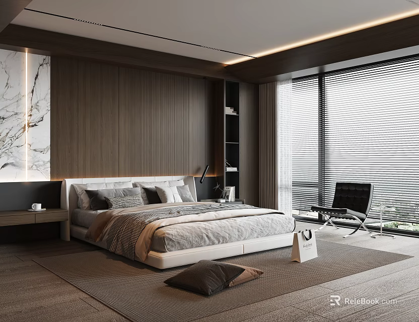Modern Bedroom Interior With Wooden Walls Large Bed Floor to Ceiling Windows And Blinds 3d model 