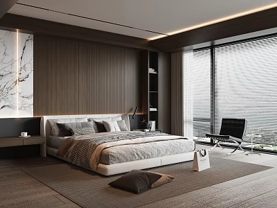 Modern Bedroom Interior With Wooden Walls Large Bed Floor to Ceiling Windows And Blinds 3d model