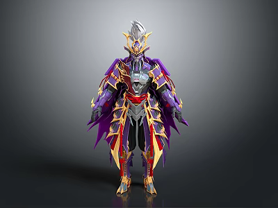Armored Warrior with Purple Gold Red Spiked Armor and Flowing Cloak 3d model