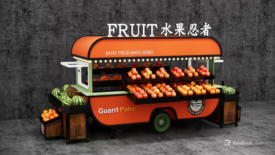 Fruit Cart with Orange Green Design Selling Daily Fresh Fruits Watermelon Oranges by Guarrl Paire 3d model 