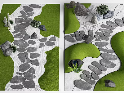 Natural Garden Landscape With Stone Pathway Wood Elements Small Plants And Green Grass 3d model