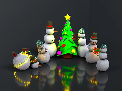 Festive Christmas Scene With Green Tree Star Balls And Snowmen In Hats Scarves With Lights 3d model