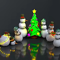Festive Christmas Scene With Green Tree Star Balls And Snowmen In Hats Scarves With Lights