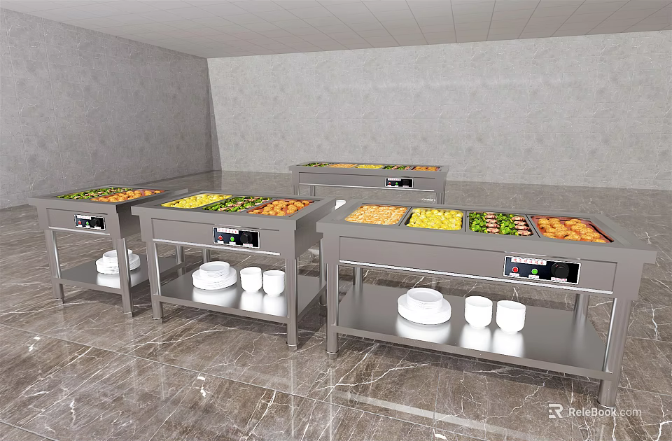 Stainless Steel Display Shelves with Fruits Vegetables and Containers in Commercial Setting 3d model 