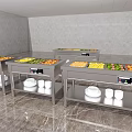 Stainless Steel Display Shelves with Fruits Vegetables and Containers in Commercial Setting