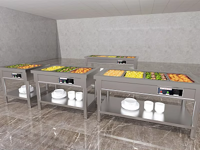 Stainless Steel Display Shelves with Fruits Vegetables and Containers in Commercial Setting 3d model