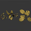 Cartoon Style Yellow Decorative Plants With Leaves Mushrooms And Dark Background Reflection