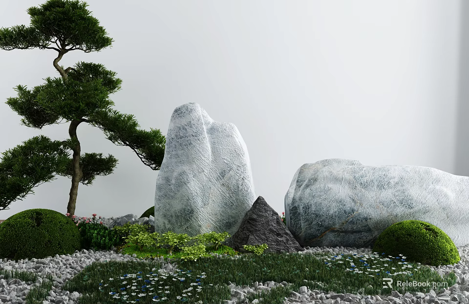 Natural Garden Ornament with Pine Tree Large Stones Green Lawn and Small Flowers 3d model 