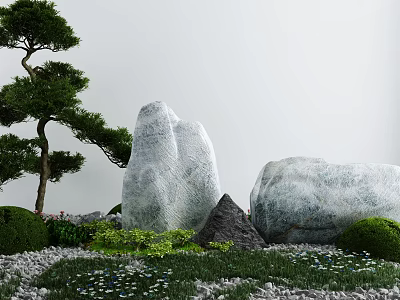Natural Garden Ornament with Pine Tree Large Stones Green Lawn and Small Flowers 3d model