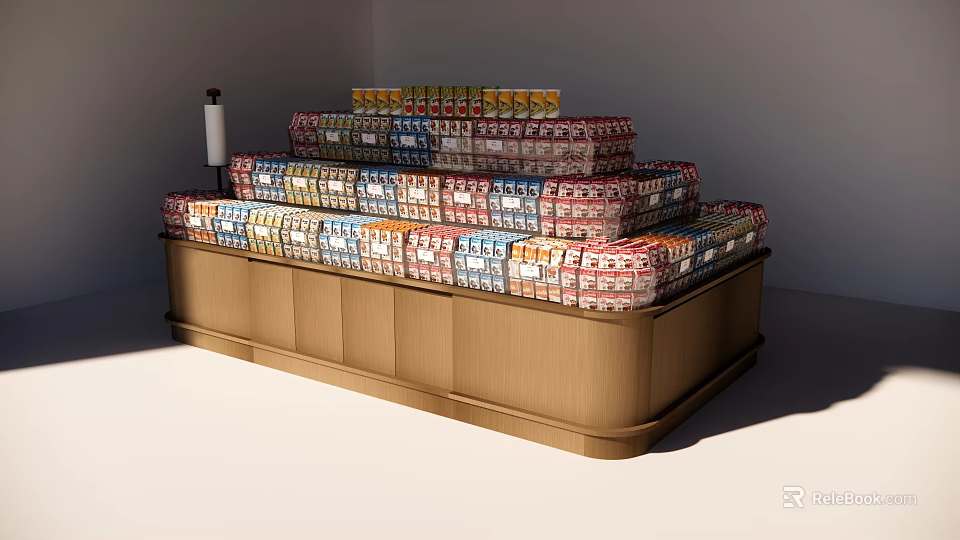 Supermarket Grocery Wooden Display Counter With Stacked Various Canned Goods 3d model 