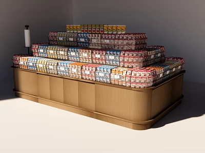 Supermarket Grocery Wooden Display Counter With Stacked Various Canned Goods 3d model