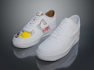 White Casual Sneakers With Graffiti Distressed Design And Plain Style 3d model