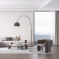 Modern Living Room with L shaped Sofa Coffee Table Floor Lamp and Mountain View Window