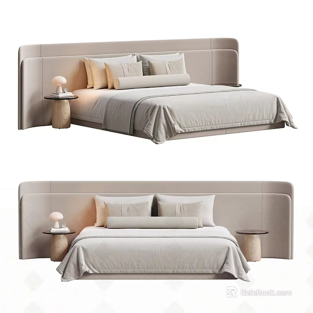 Modern Minimalist Double Bed With Light Colored Headboard Pillows And Bedside Table Lamps 3d model 