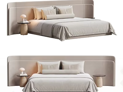 Modern Minimalist Double Bed With Light Colored Headboard Pillows And Bedside Table Lamps 3d model