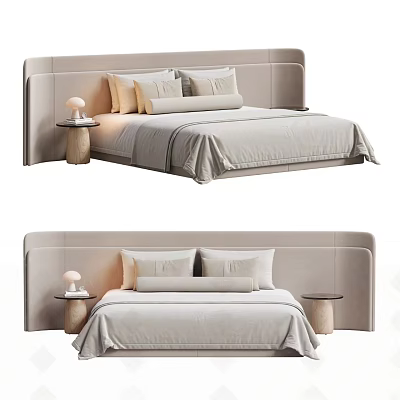 Modern Minimalist Double Bed With Light Colored Headboard Pillows And Bedside Table Lamps 3d model