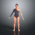 Woman in black one shoulder leotard standing barefoot on reflective floor with gray gradient background