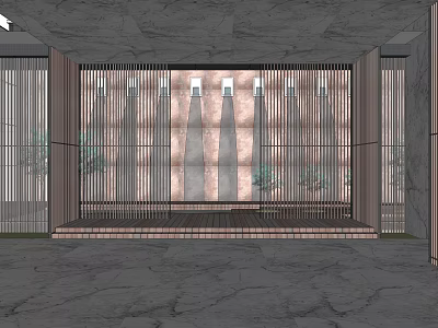 Modern Karesansui Garden Design With Slatted Screens Textured Wall And Stone Floor 3d model