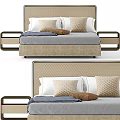 Double Bed With Woven Headboard Beige Mattress Decorative Pillows Knit Throw Blanket And Gold Nightstand