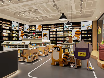 Vibrant Supermarket Department Store Interior With Shelves Full Of Grocery Products And Cute Raccoon Decorations 3d model