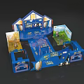 Interactive Blue Stage With Multiple Themed Areas And Cartoon Characters 3d model