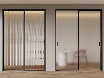 Modern Interior Sliding Doors With Black Frames Ribbed And Clear Glass Panels 3d model