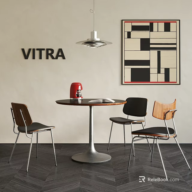 Modern Round Table And Chairs With VITRA Geometric Art Pendant Light And Red Coffee Maker 3d model 