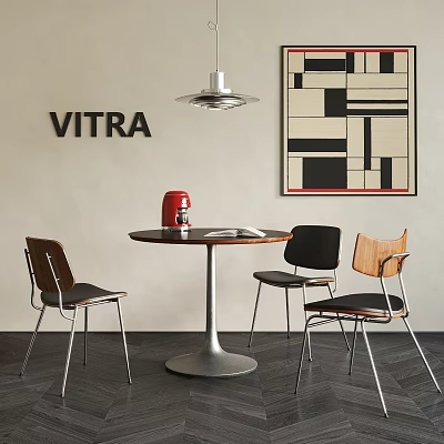 Modern Round Table And Chairs With VITRA Geometric Art Pendant Light And Red Coffee Maker 3d model