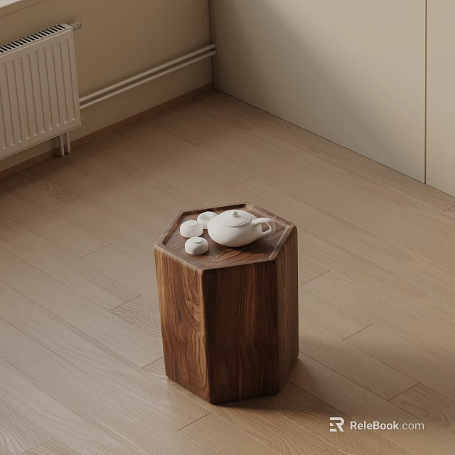 Hexagonal Walnut Side Table With White Teapot And Cups On Wooden Floor 3d model 