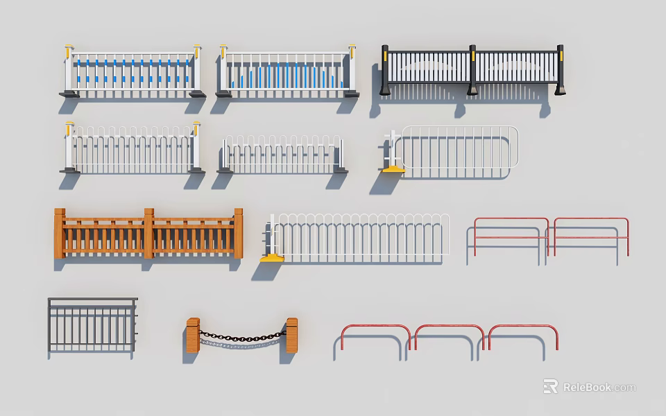 Various Fencing Styles with Metal Wood Chain and Colorful Designs 3d model 
