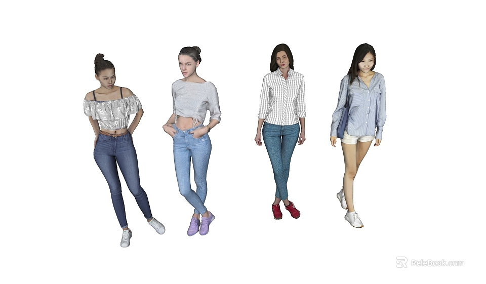 Four Women in Casual Outfits with Different Tops Jeans and Shorts 3d model 
