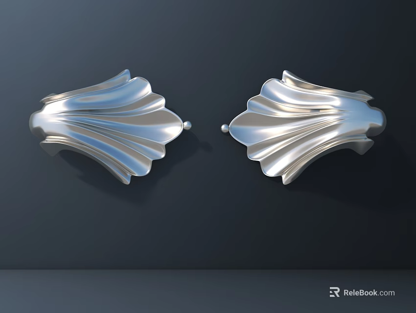 Shiny Silver Fan Shaped Metallic Wall Decor Mounted On Dark Wall 3d model