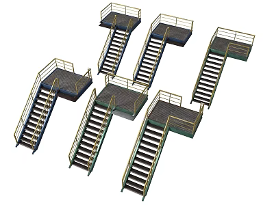 Various Architectural Staircase And Platform Designs With Metal Railings And Configurations 3d model