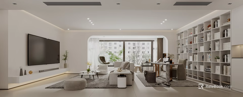 Modern Open Living and Dining Room With Sofa Coffee Table and Floor to Ceiling Windows 3d model