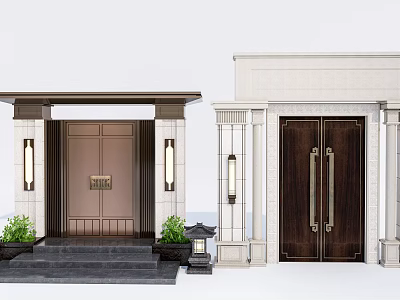 Luxurious Entrance Doors With Columns Steps Wall Lamps And Plants 3d model