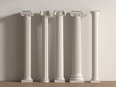 Five White Columns With Various Capital Designs On Wooden Floor Against Light Wall 3d model